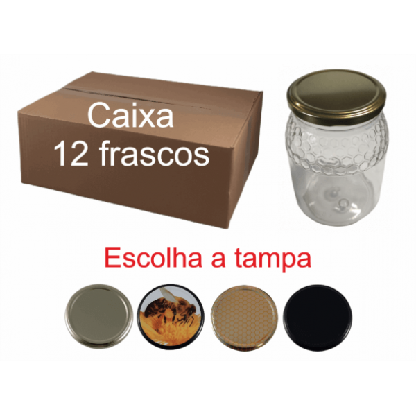 Caixa 12 frascos PET kg favo com tampa 
