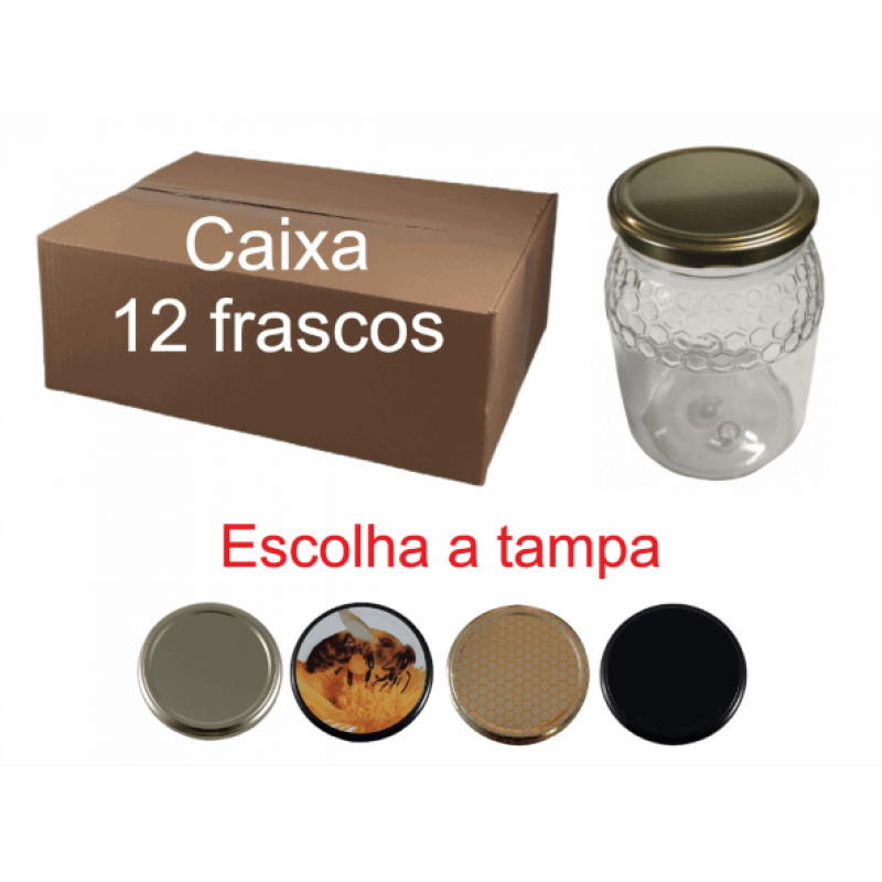 Caixa 12 frascos PET kg favo com tampa 