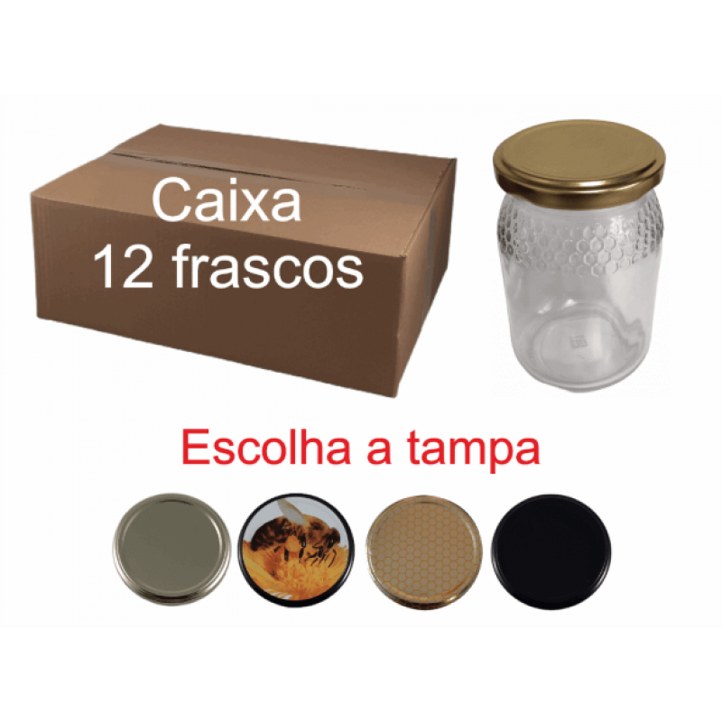 Caixa 12 frascos 500 gr Favo Alto com tampa 