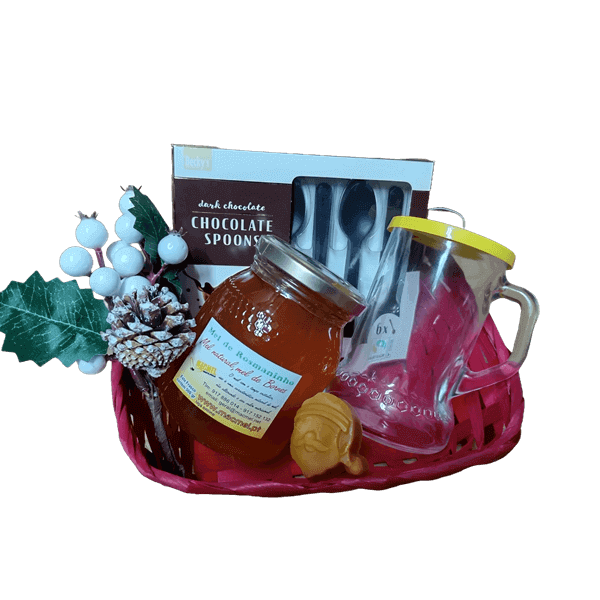 Cesta com Colheres de Chocolate, Mel e Caneca de Vidro