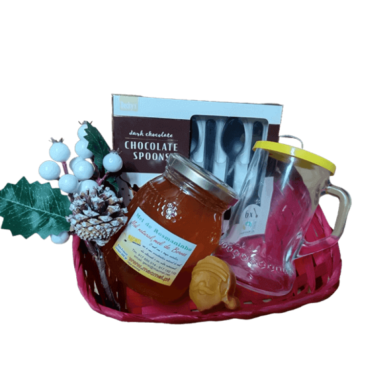 Cesta com Colheres de Chocolate, Mel e Caneca de Vidro