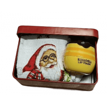 Caixa Metálica - Merry Christmas com Batom Pote Mel e Toalhinha Natal
