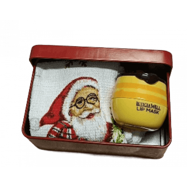 Caixa Metálica - Merry Christmas com Batom Pote Mel e Toalhinha Natal