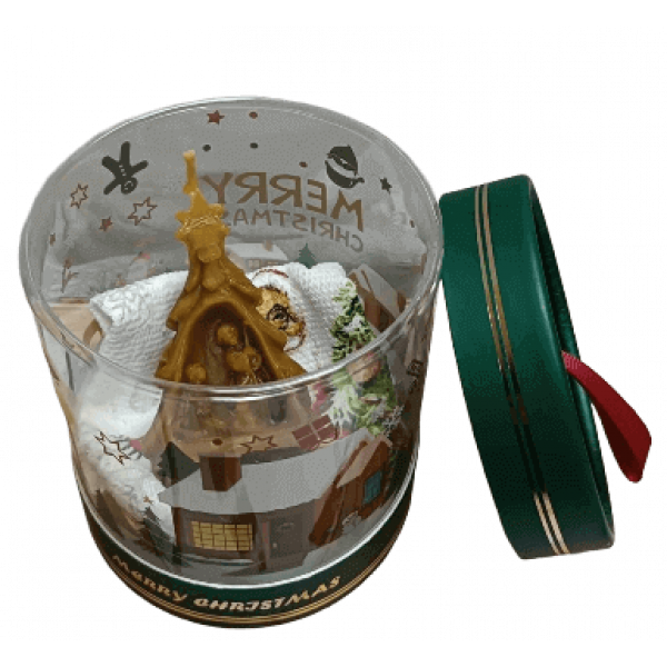 Caixa Natal Redonda com toalha natal e vela cera abelha presepio