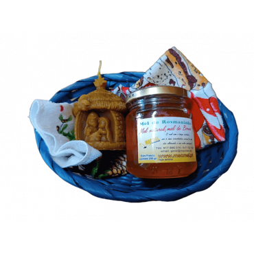 Cesta com Mel, Toalhinha Natal  e Vela Cera de Abelha Presépio em Cabana