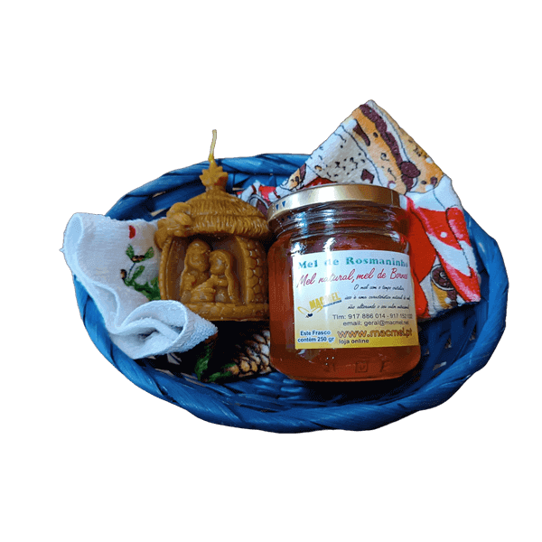 Cesta com Mel, Toalhinha Natal  e Vela Cera de Abelha Presépio em Cabana