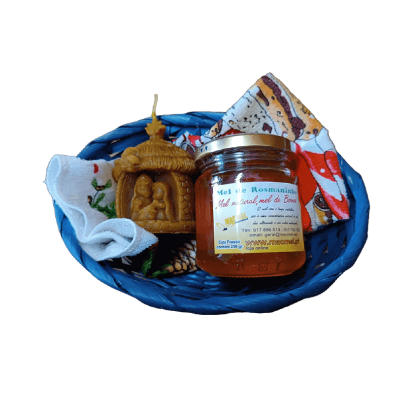 Cesta com Mel, Toalhinha Natal  e Vela Cera de Abelha Presépio em Cabana